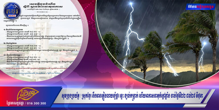 សូមប្រុងប្រយ័ត្ន ! ស្រុកខ្មែរ នឹងមានភ្លៀងលាយឡំផ្គរ រន្ទះ ខ្យល់កន្ត្រាក់ ហើយអាកាសធាតុក៏ក្តៅខ្លាំង ចាប់ថ្ងៃទី២២ ដល់២៨ មិថុនា