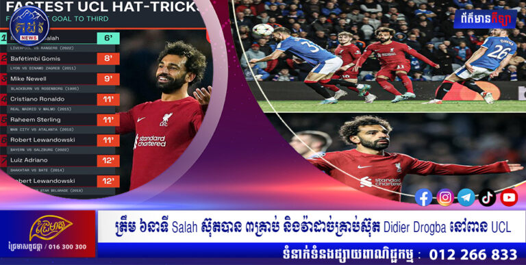 ត្រឹម ៦នាទី Salah ស៊ុតបាន ៣គ្រាប់ និងវ៉ាដាច់គ្រាប់ស៊ុត Didier Drogba នៅពាន UCL