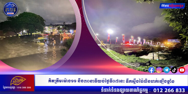គិតត្រឹមម៉ោង១១ នឹង៣០ នាទីយប់ថ្ងៃទី០៧នេះទឹកស្ទឹងប៉ៃលិនហក់ឡើងខ្លាំង
