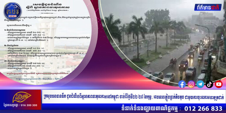 ក្រសួងធនធានទឹក ជូនដំណឹងពីស្ថានភាពធាតុអាកាសនៅកម្ពុជា ចាប់ពីថ្ងៃទី២២-២៨ ខែកុម្ភៈ, អាចមានភ្លៀងធ្លាក់តិចតួច ជាមួយការចុះអាកាសធាតុត្រជាក់